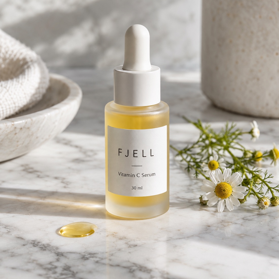 Studio photo of the same serum bottle on marble