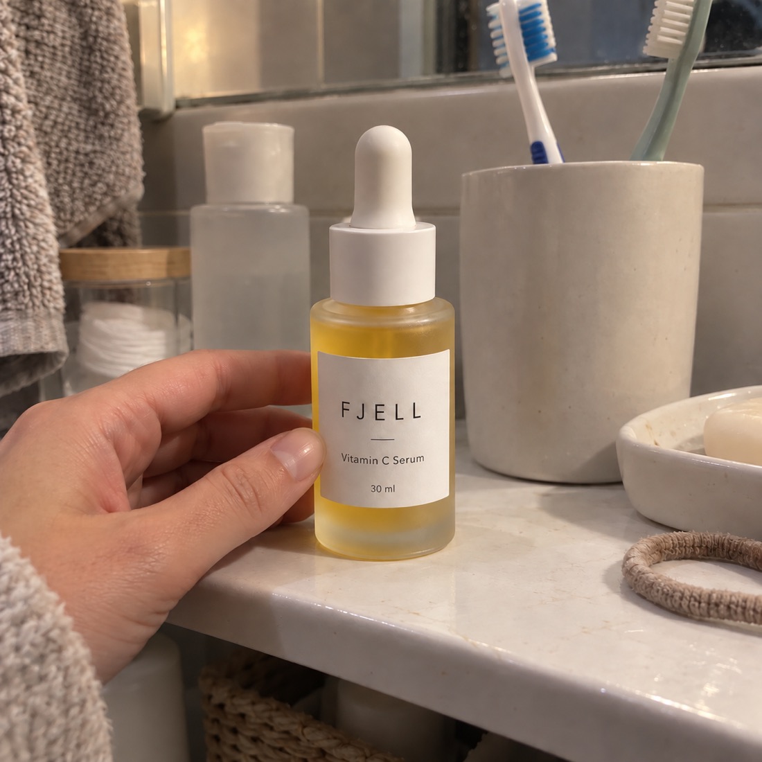 Phone snap of a serum bottle on a bathroom shelf