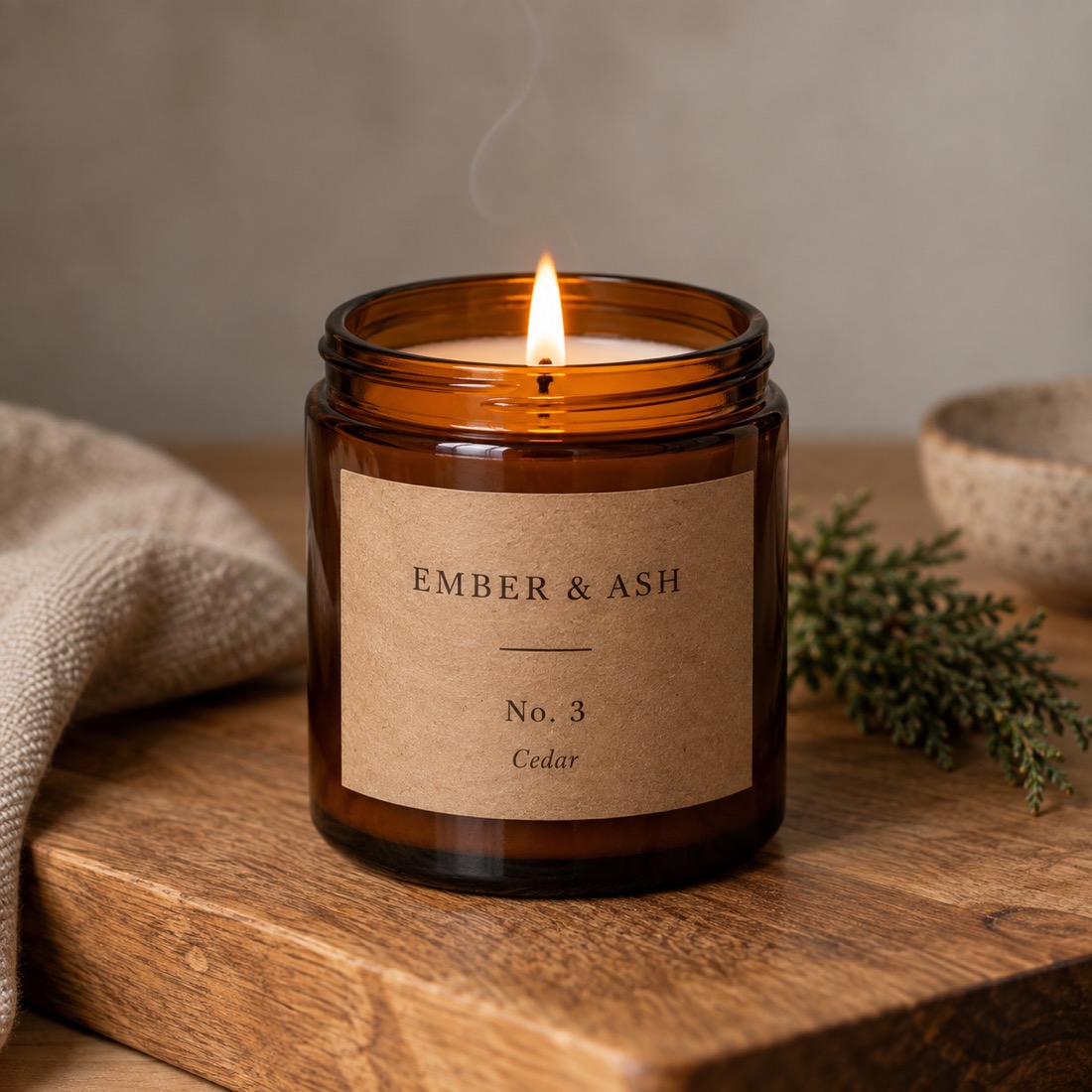 Studio photo of the same candle lit on an oak board
