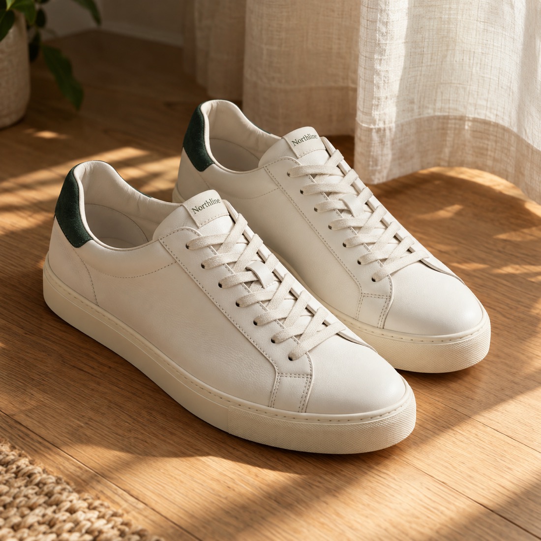 Lifestyle photo of the same sneakers on a sunlit floor