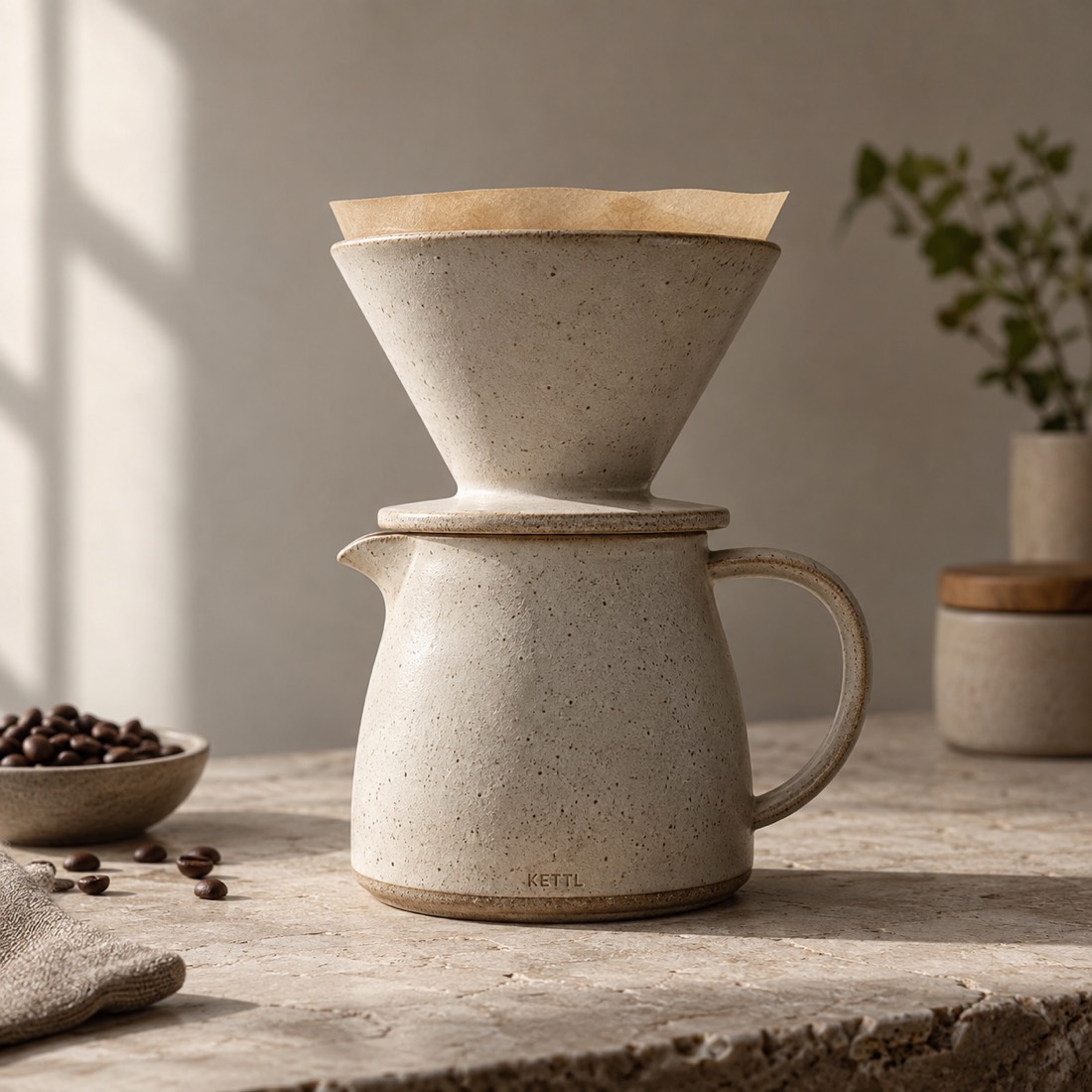 Studio photo of a stoneware pour-over set