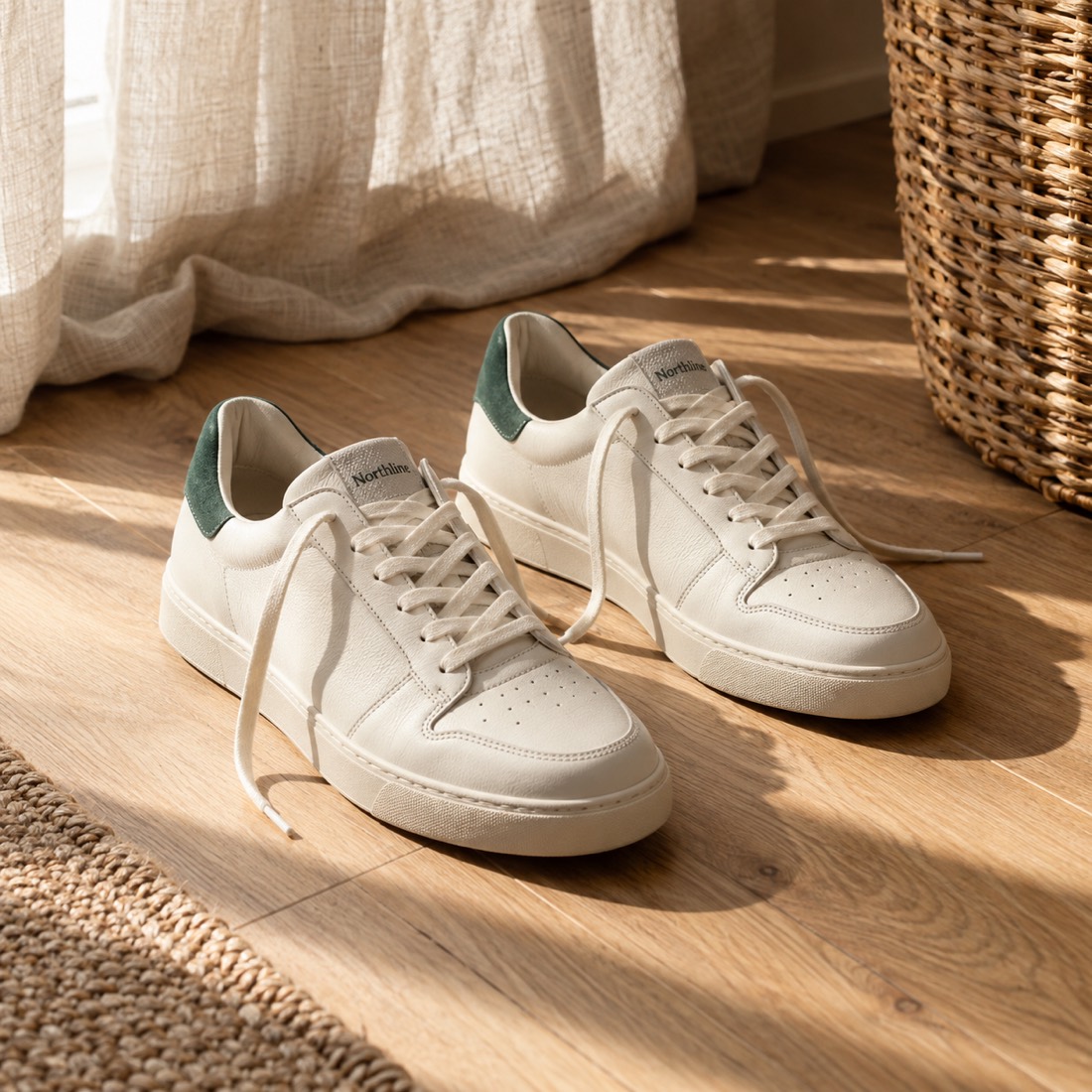 Lifestyle photo of sneakers on a sunlit floor