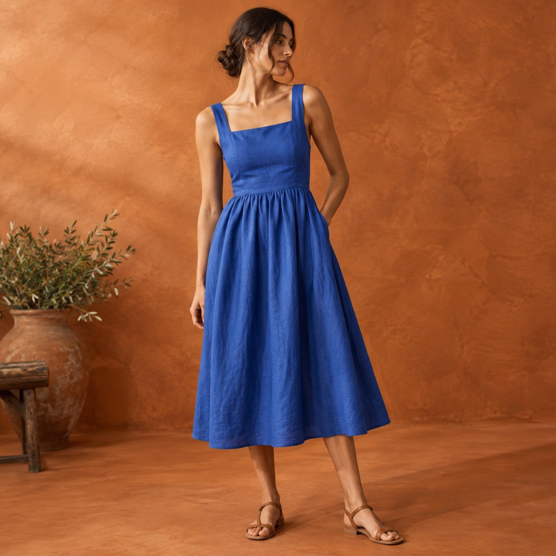 Model wearing a blue linen dress