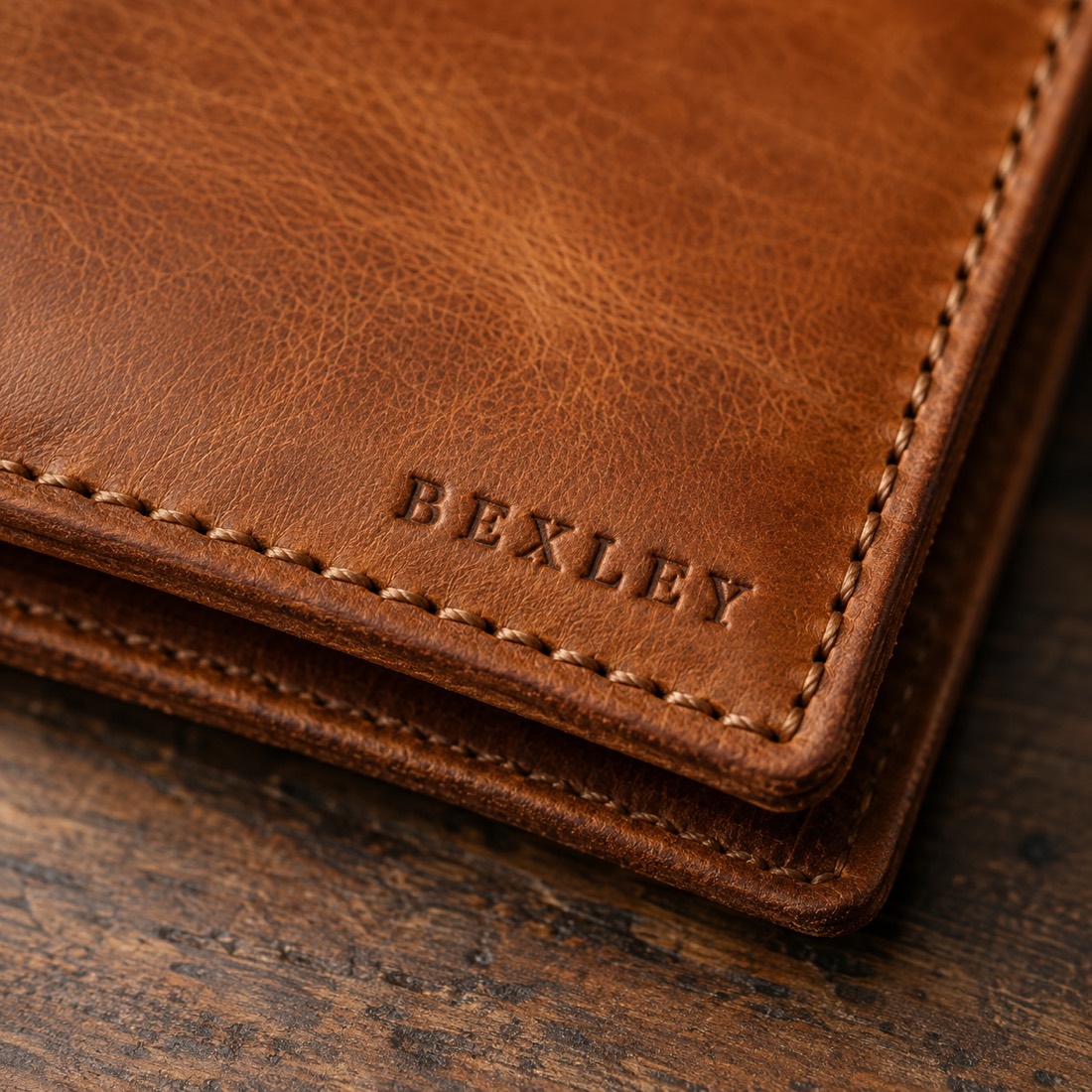 Close-up of leather wallet stitching